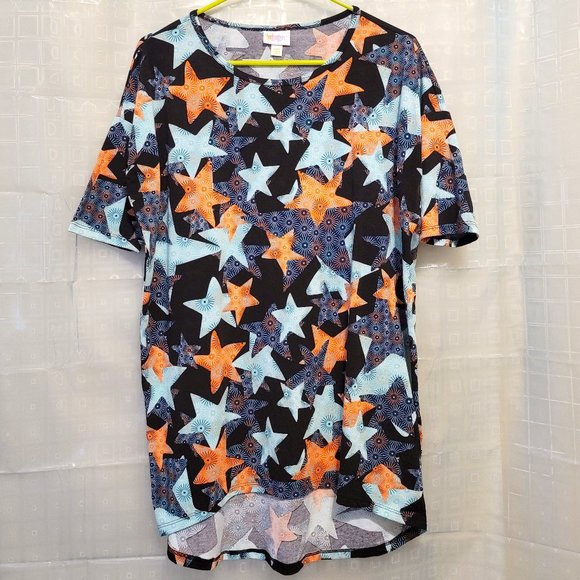 LuLaRoe BLUE & ORANGE STARS ON BLACK & BLUE T-SHIRT TUNIC TOP - NWOT! - Picture 1 of 5